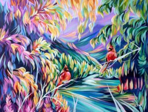 Two birds Red Cardinals in colourful bright nature and trees