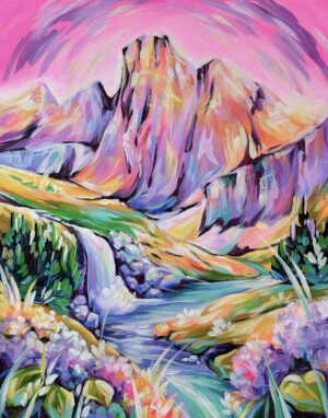 Sunset in the park. Pink Mountains with river and waterfall.