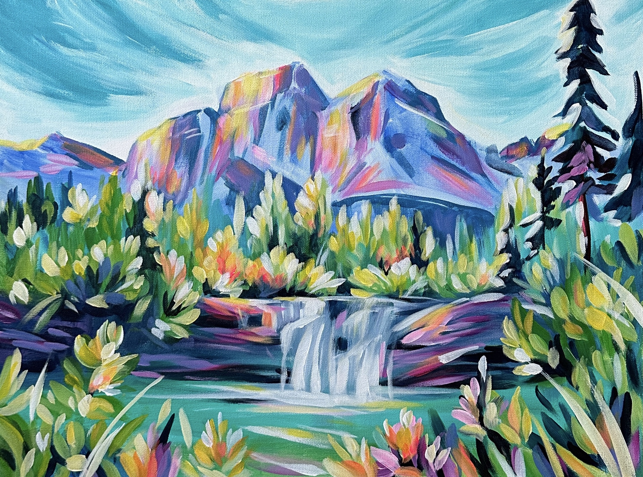 Waterfall and Mountains Painting in blue tone 18x24'