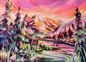 Wildlife in Jasper National Park. Deer on the lake with sunset in pink color.