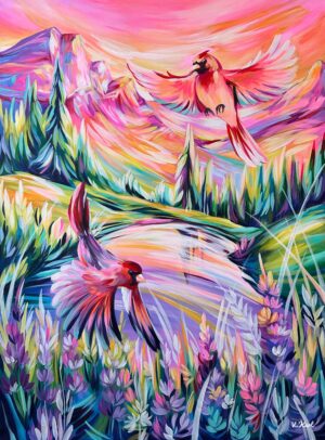 Two birds Red Cardinals in colourful bright nature with mountains and lake in pink colours