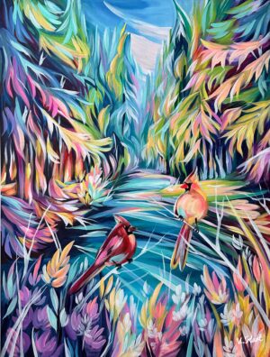 Two birds Red Cardinals in colourful bright nature and trees