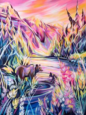 Two bears in colourful bright nature with mountains and lake in pink colours