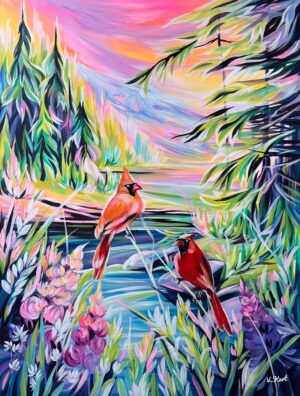Two birds Red Cardinals in colourful bright nature with mountains and lake in pink colours