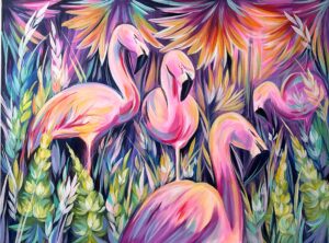 Pink Flamingos in the flowers
