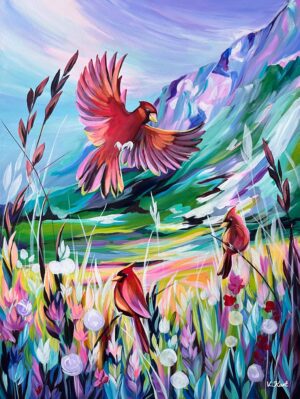 Red birds in the mountains with flowers