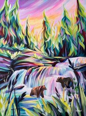 Nature painting with wildlife, bears in water with sunset, Jasper nature